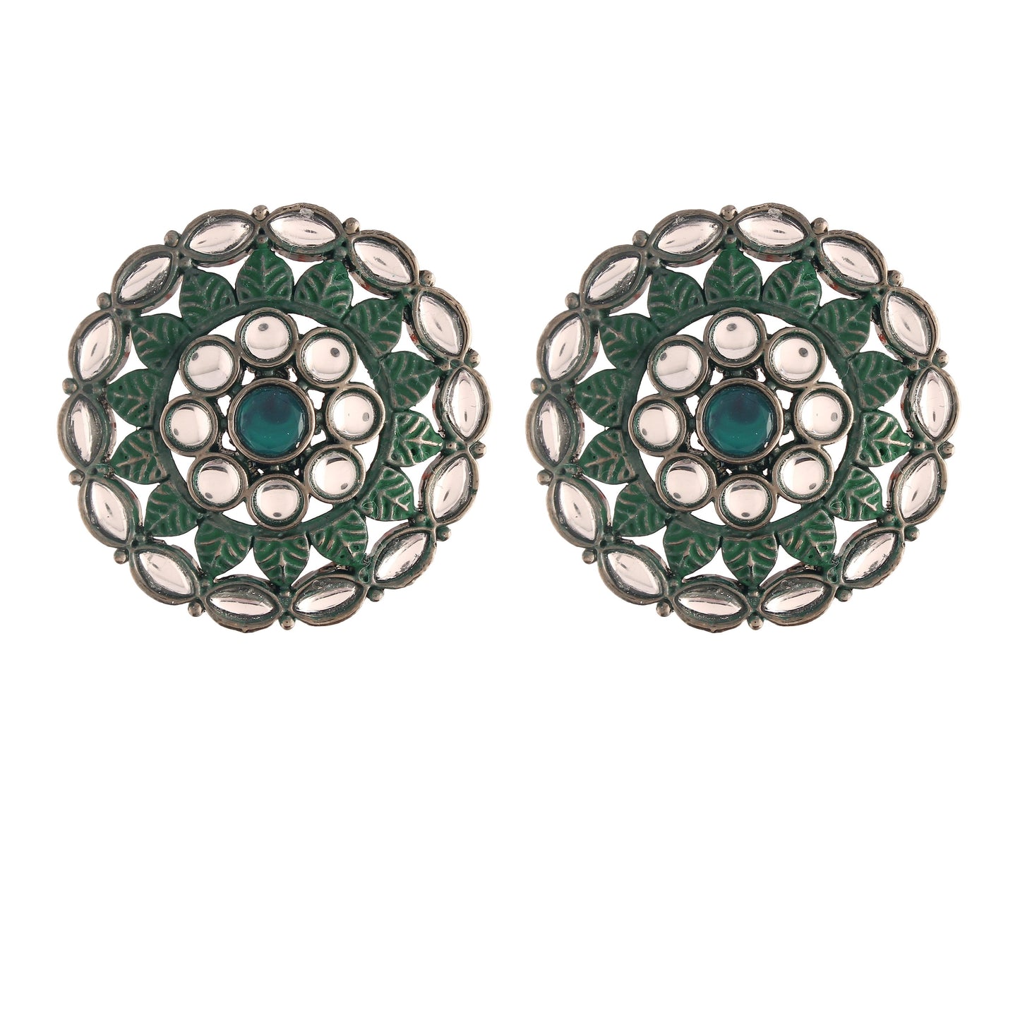 Women's  Silver Oxidized Green Kundan Studded Meena Work Designer Circular Stud Earrings