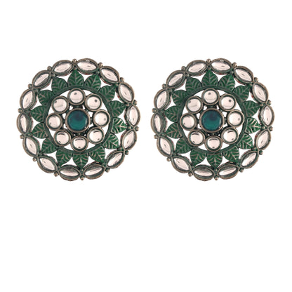 Women's  Silver Oxidized Green Kundan Studded Meena Work Designer Circular Stud Earrings