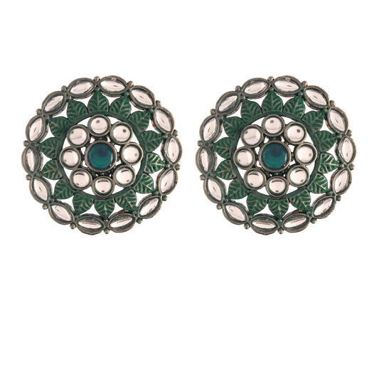 Women's  Silver Oxidized Green Kundan Studded Meena Work Designer Circular Stud Earrings