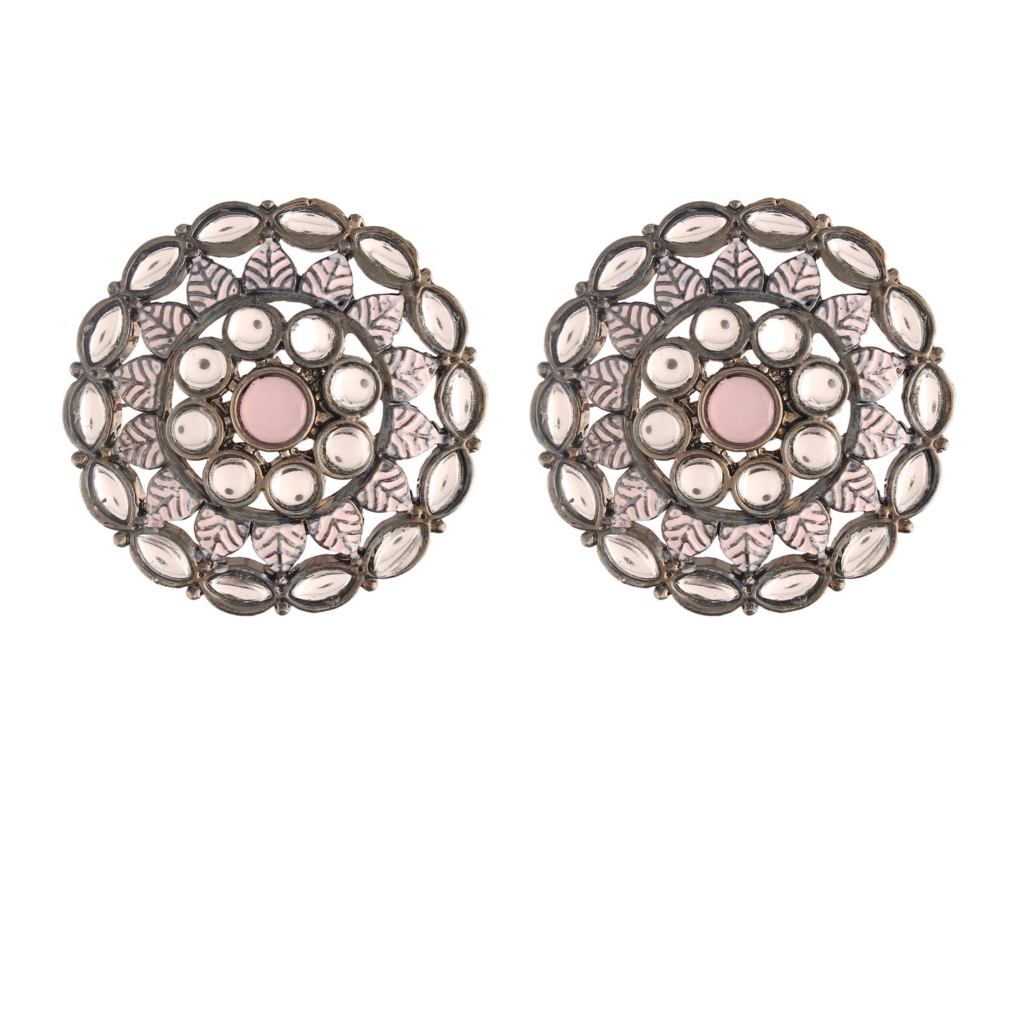 Women's  Pink Silver Oxidized Kundan Studded Meena Work Designer Circular Stud Earrings