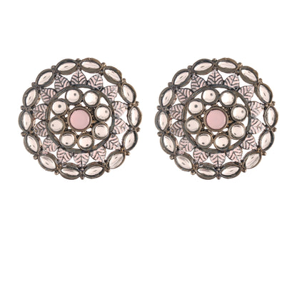 Women's  Pink Silver Oxidized Kundan Studded Meena Work Designer Circular Stud Earrings