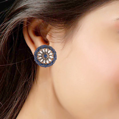 Women's  Silver Oxidized Blue Kundan Studded Meena Work Designer Circular Stud Earrings