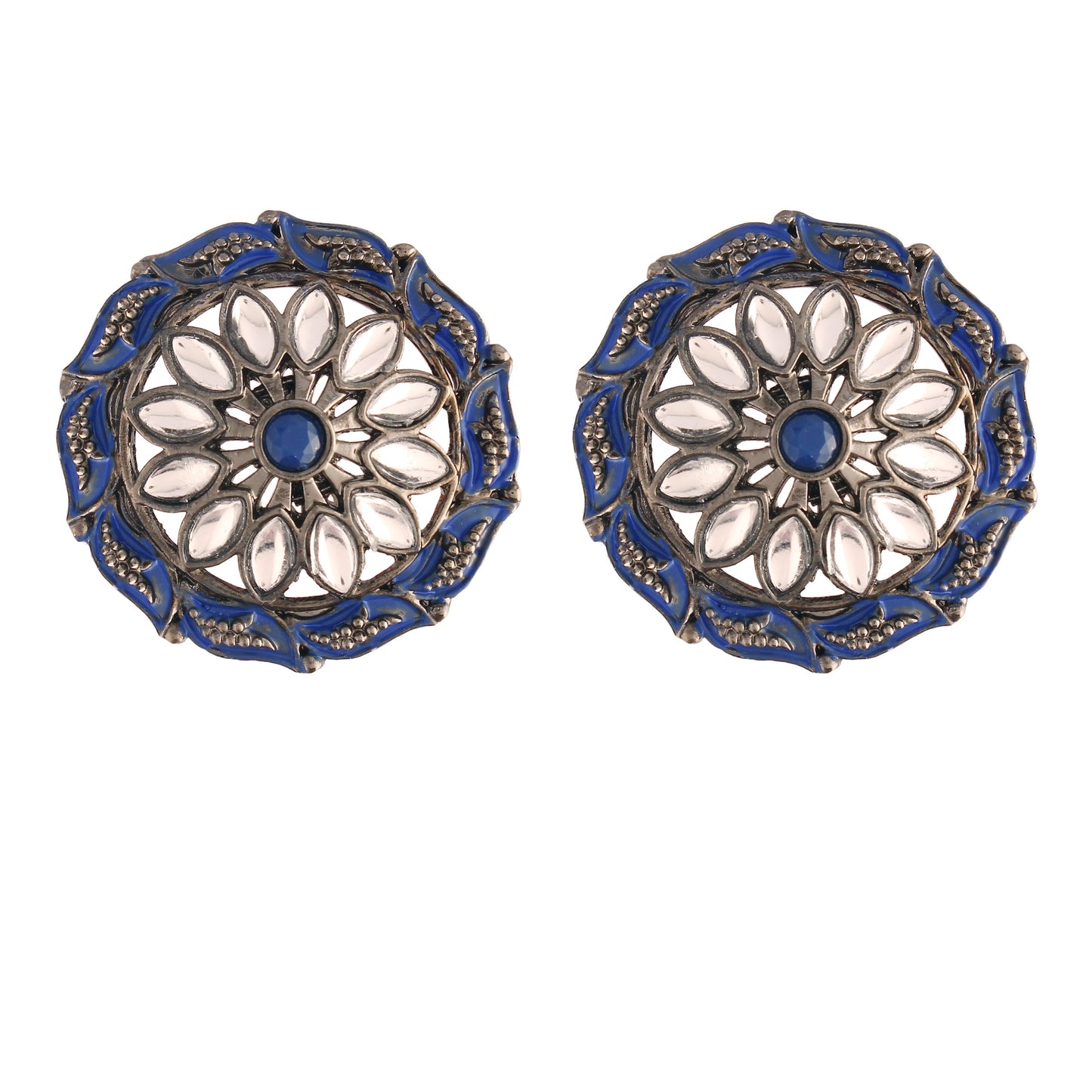 Women's  Silver Oxidized Blue Kundan Studded Meena Work Designer Circular Stud Earrings