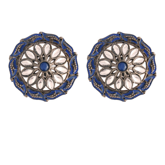 Women's  Silver Oxidized Blue Kundan Studded Meena Work Designer Circular Stud Earrings