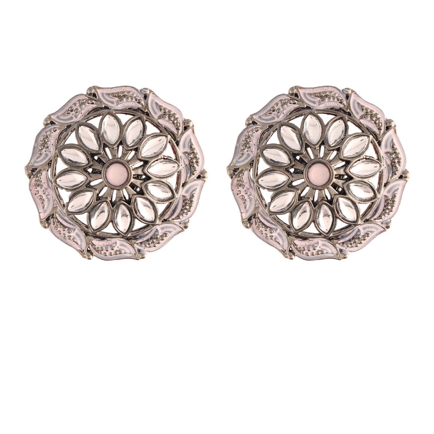 Women's  Silver Oxidized Pink  Kundan Studded Meena Work Designer Circular Stud Earrings
