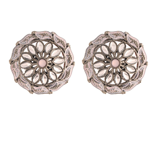 Women's  Silver Oxidized Pink  Kundan Studded Meena Work Designer Circular Stud Earrings