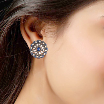 Women's  Silver Oxidized Blue Kundan Studded Meena Work Designer Circular Stud Earrings