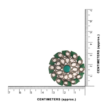 Women's  Green Silver Oxidized Kundan Studded Meena Work Designer Circular Stud Earrings