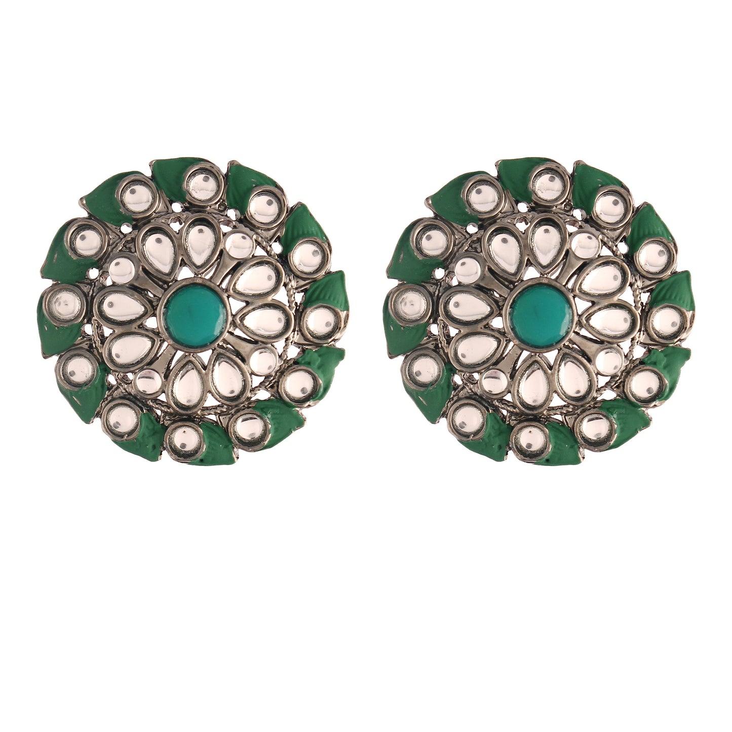Women's  Green Silver Oxidized Kundan Studded Meena Work Designer Circular Stud Earrings