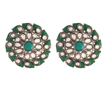 Women's  Green Silver Oxidized Kundan Studded Meena Work Designer Circular Stud Earrings