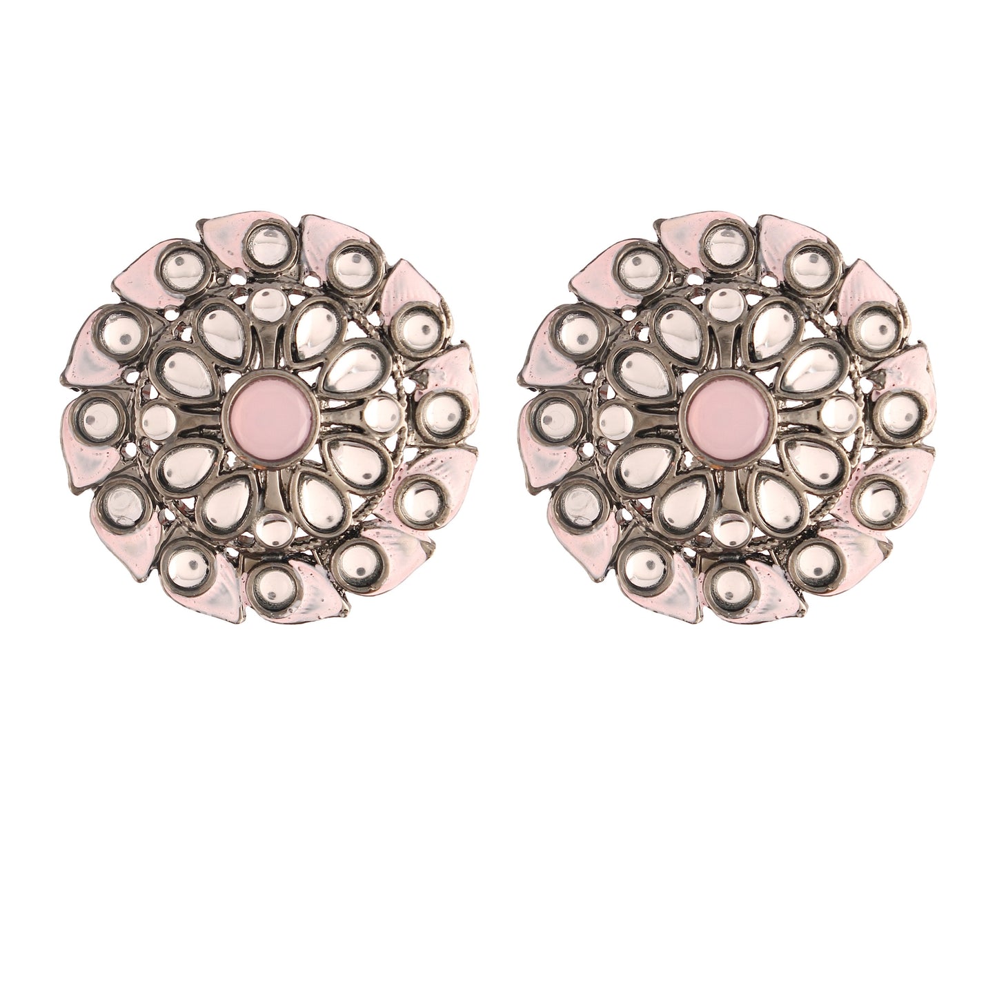 Women's Pink Silver Oxidized Kundan Studded Meena Work Designer Circular Stud Earrings For Women