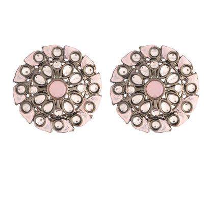 Women's Pink Silver Oxidized Kundan Studded Meena Work Designer Circular Stud Earrings For Women
