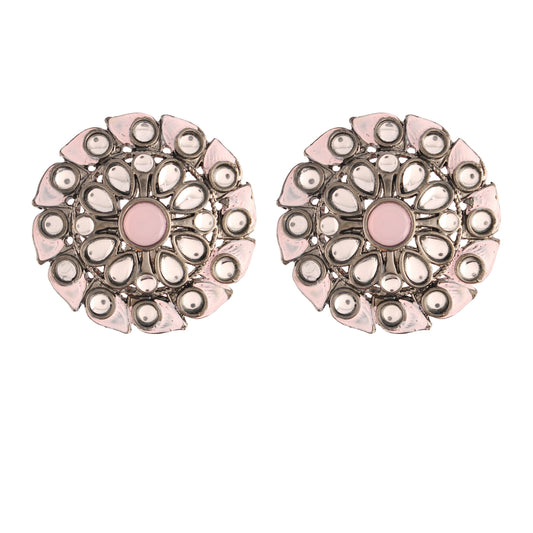 Women's Pink Silver Oxidized Kundan Studded Meena Work Designer Circular Stud Earrings For Women