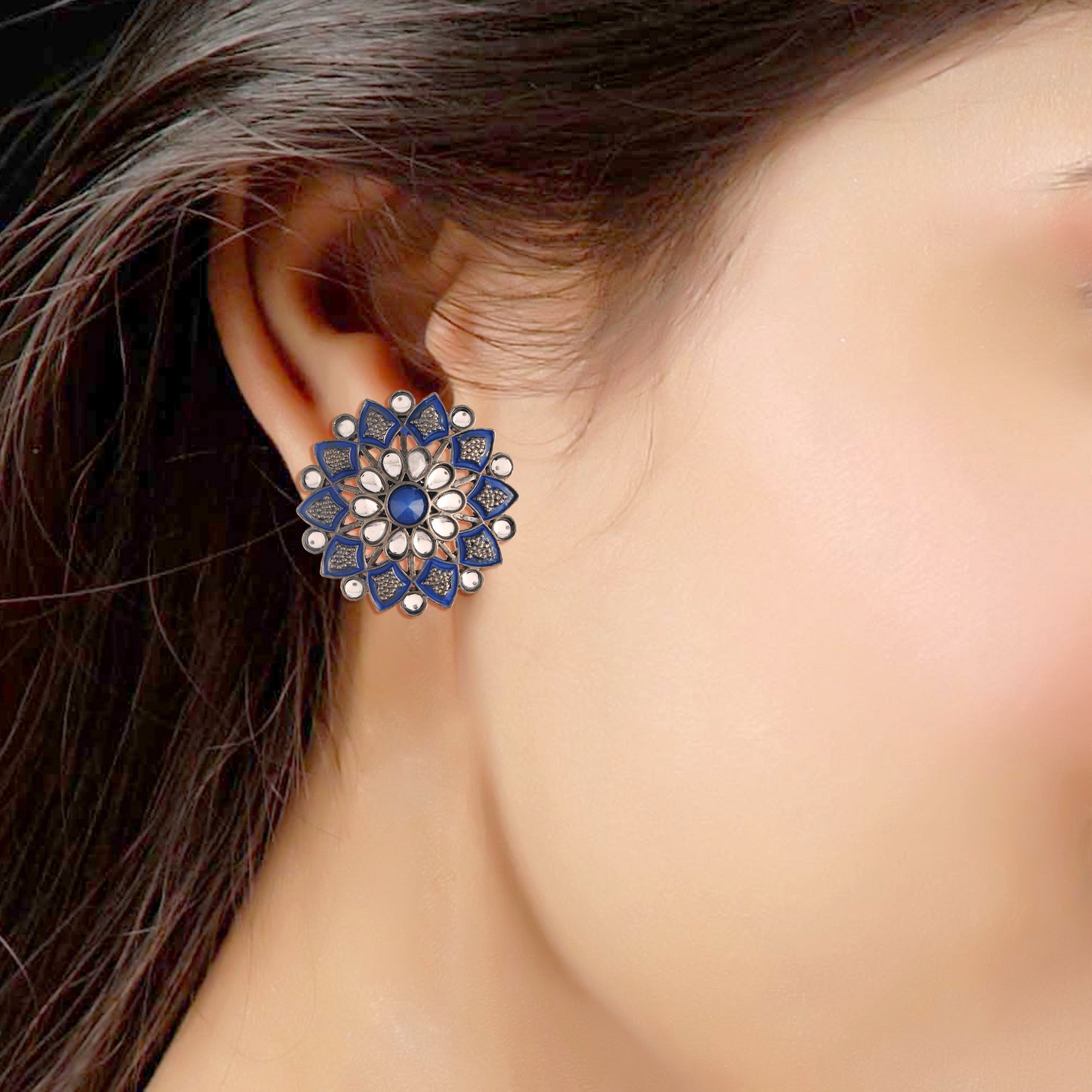 Women's  Blue Silver Oxidized Kundan Studded Meena Work Designer Circular Stud Earrings