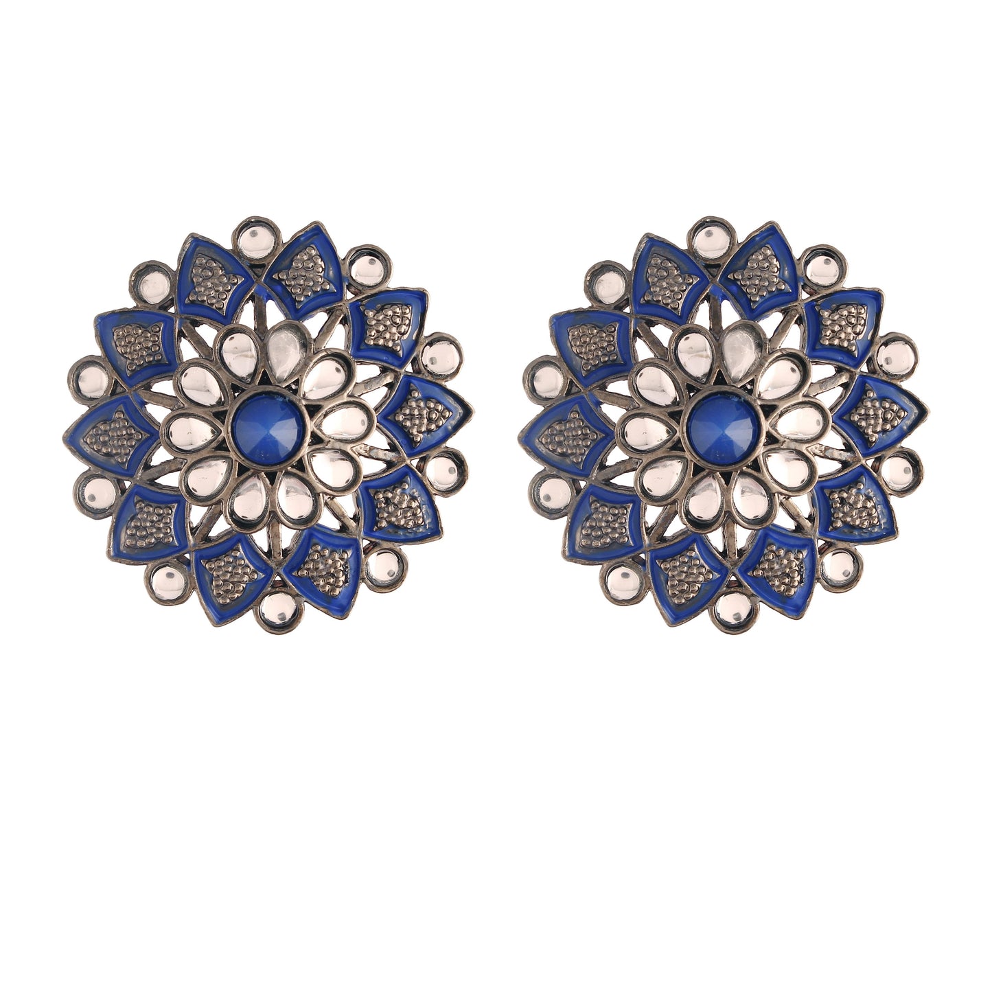 Women's  Blue Silver Oxidized Kundan Studded Meena Work Designer Circular Stud Earrings