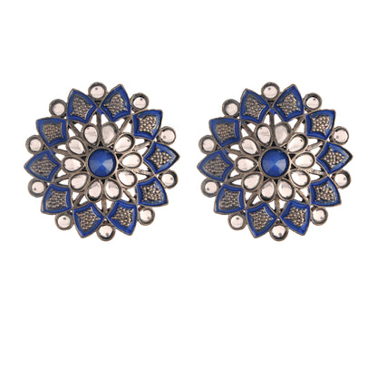 Women's  Blue Silver Oxidized Kundan Studded Meena Work Designer Circular Stud Earrings