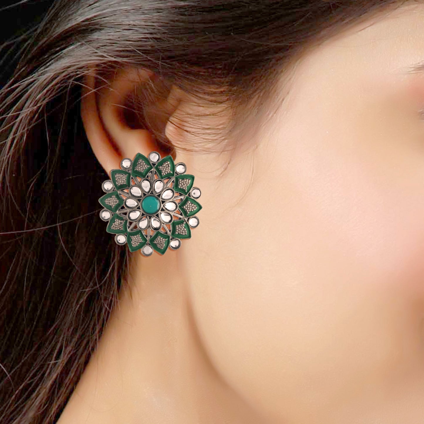 Women's  Silver Oxidized Green  Kundan Studded Meena Work Designer Circular Stud Earrings