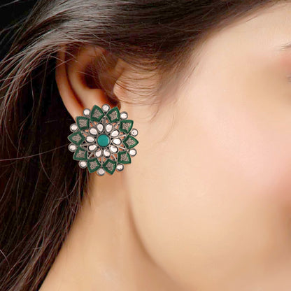 Women's  Silver Oxidized Green  Kundan Studded Meena Work Designer Circular Stud Earrings