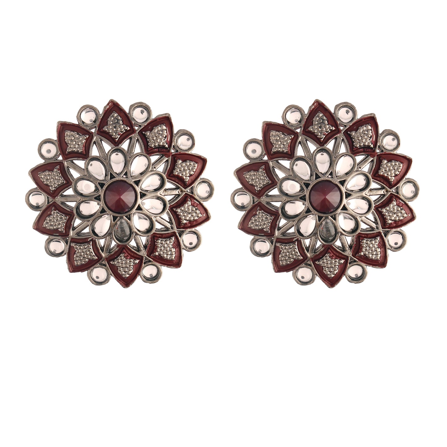Women's  Silver Oxidized Maroon  Kundan Studded Meena Work Designer Circular Stud Earrings