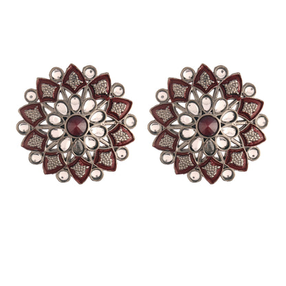 Women's  Silver Oxidized Maroon  Kundan Studded Meena Work Designer Circular Stud Earrings