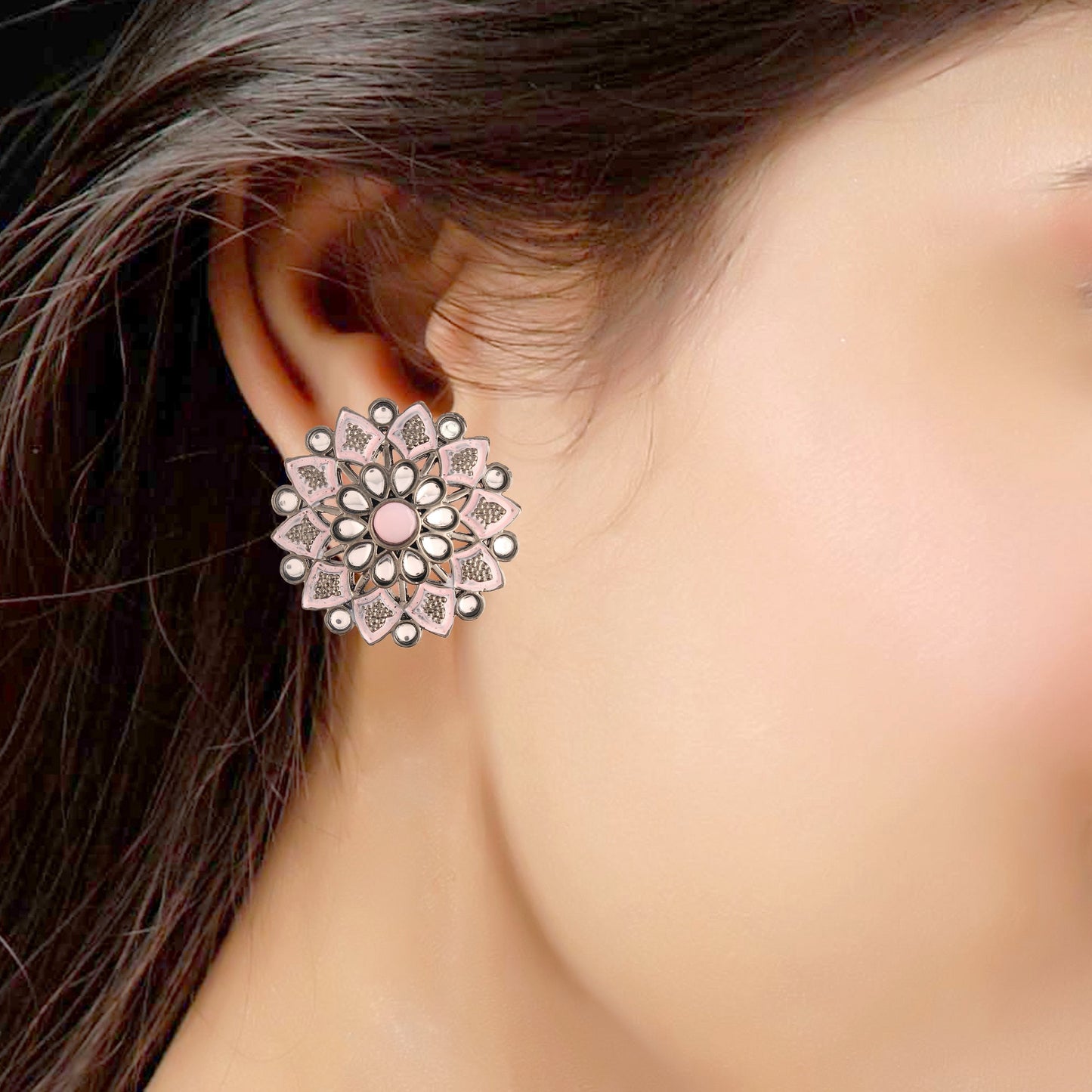 Women's  Silver Oxidized Pink  Kundan Studded Meena Work Designer Circular Stud Earrings