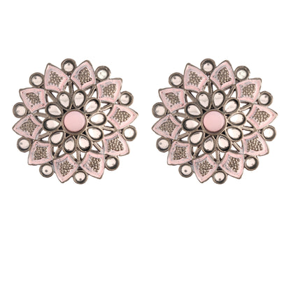 Women's  Silver Oxidized Pink  Kundan Studded Meena Work Designer Circular Stud Earrings