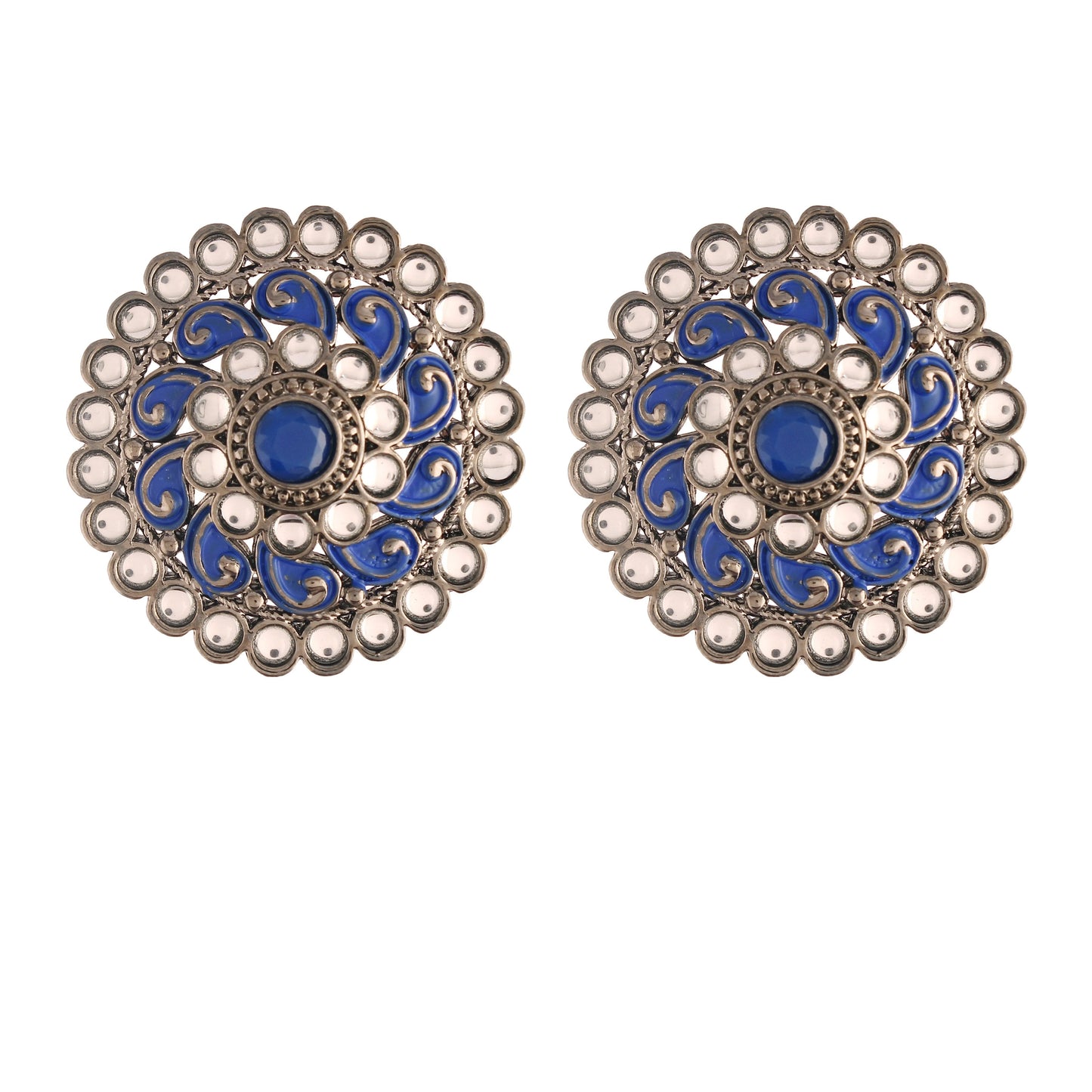 Women's  Silver Oxidized Blue Kundan Studded Meena Work Designer Circular Stud Earrings