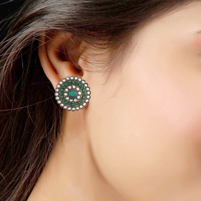 Women's  Green Silver Oxidized Kundan Studded Meena Work Designer Circular Stud Earrings
