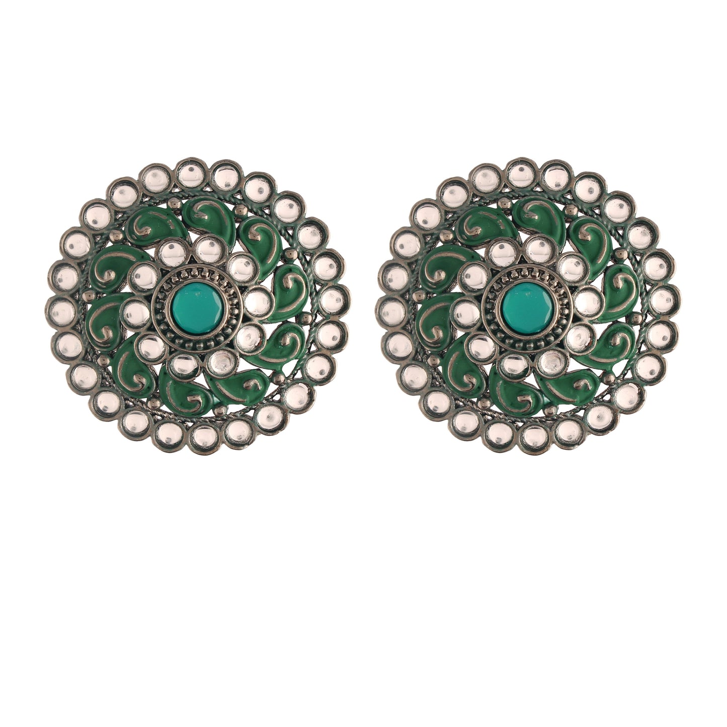 Women's  Green Silver Oxidized Kundan Studded Meena Work Designer Circular Stud Earrings