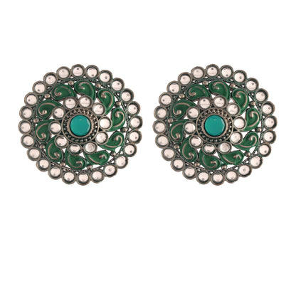 Women's  Green Silver Oxidized Kundan Studded Meena Work Designer Circular Stud Earrings