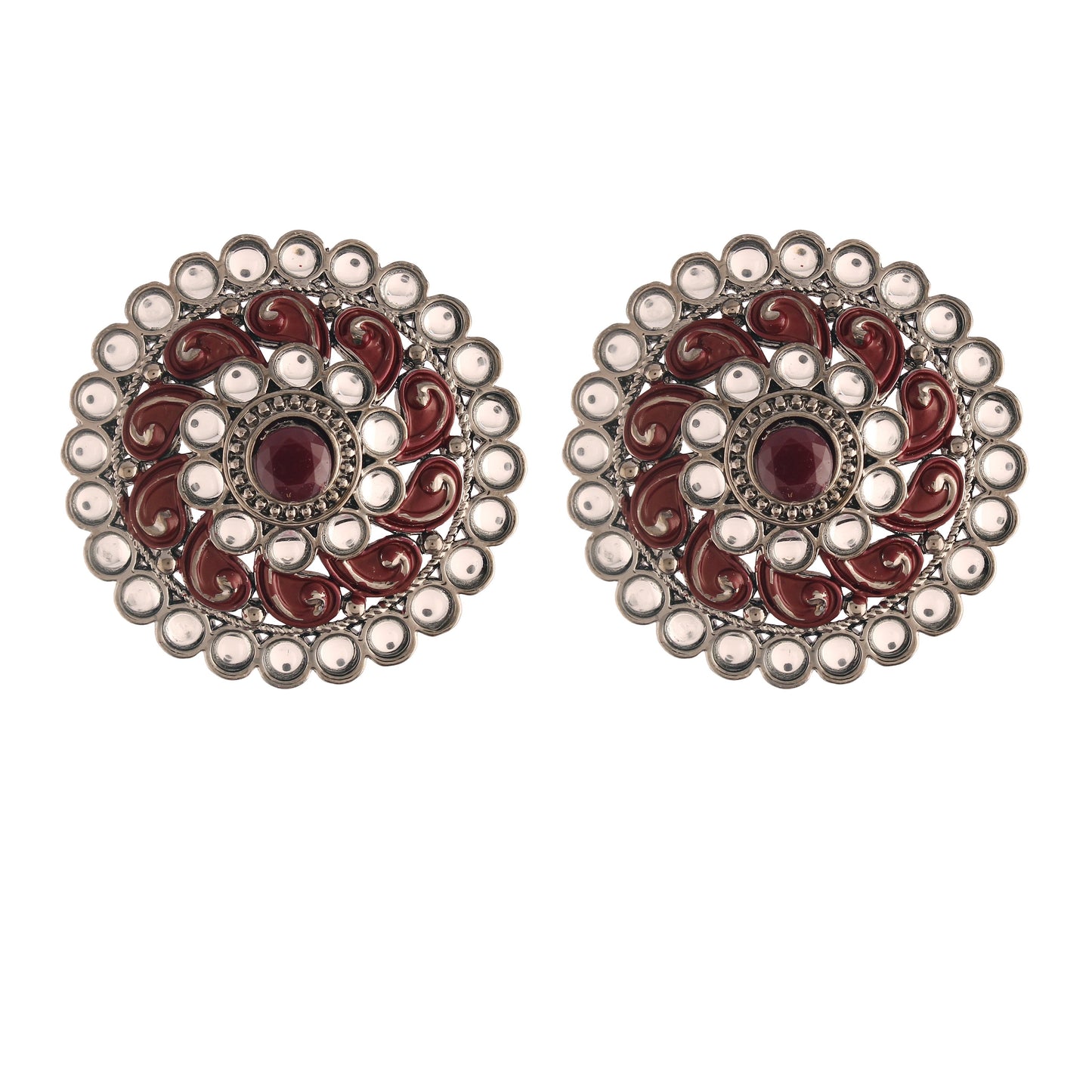 Women's  Maroon Silver Oxidized Kundan Studded Meena Work Designer Circular Stud Earrings