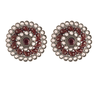 Women's  Maroon Silver Oxidized Kundan Studded Meena Work Designer Circular Stud Earrings
