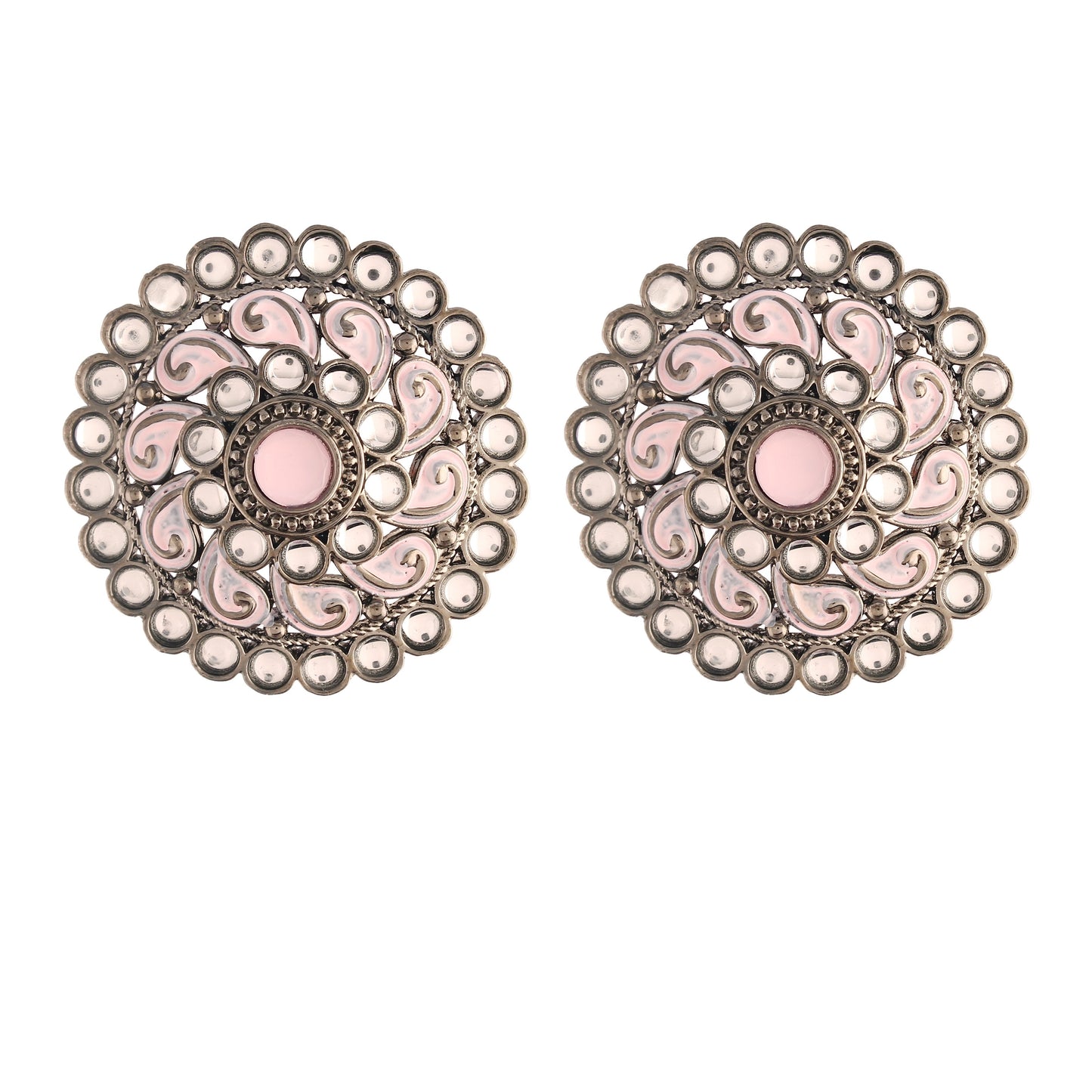 Women's  Pink Silver Oxidized Kundan Studded Meena Work Designer Circular Stud Earrings