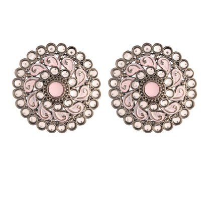 Women's  Pink Silver Oxidized Kundan Studded Meena Work Designer Circular Stud Earrings
