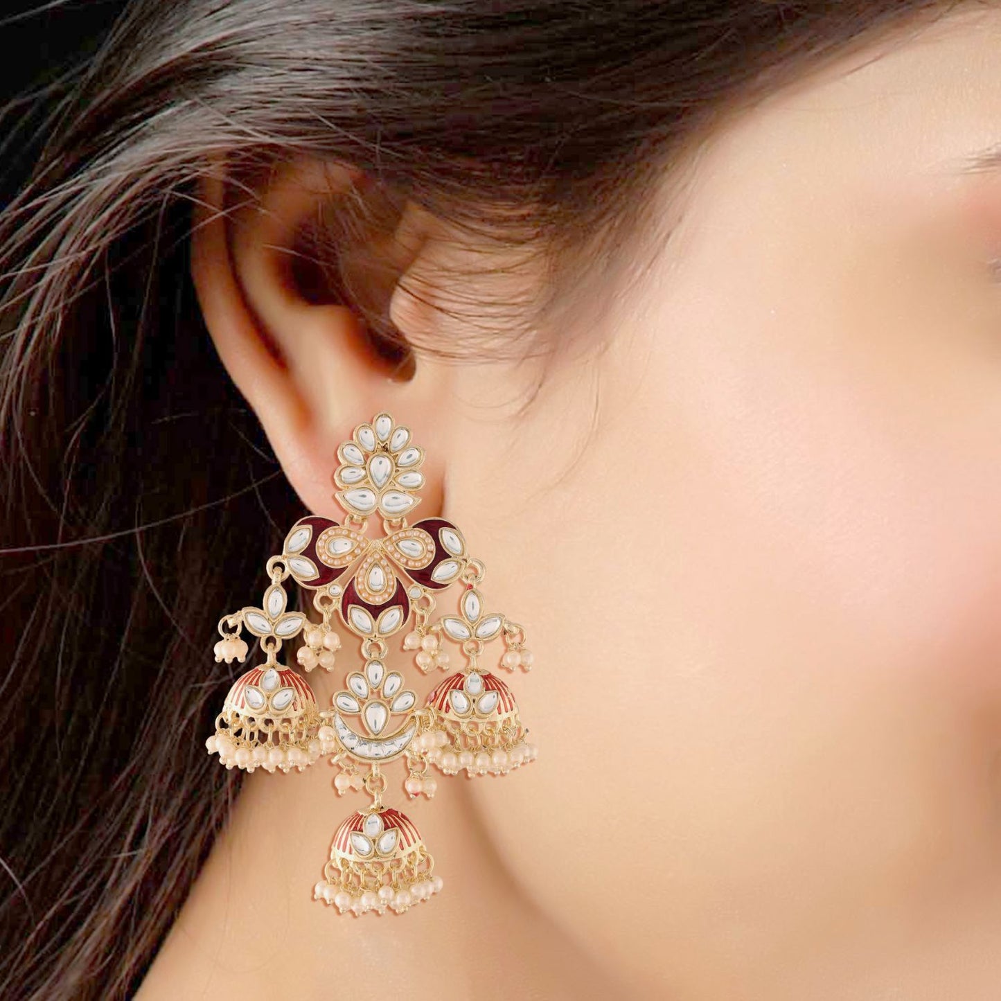 Women's Kundan Pearl Studded Jhumki EarringsÂ 
