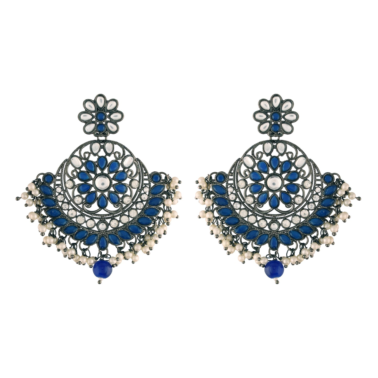 Women's I Jewels 18K Silver Oxidised Traditional Kundan & Stone Studded Chandbali Earrings (E2947Zbl)