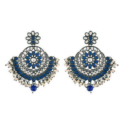 Women's I Jewels 18K Silver Oxidised Traditional Kundan & Stone Studded Chandbali Earrings (E2947Zbl)