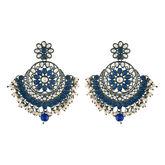 Women's I Jewels 18K Silver Oxidised Traditional Kundan & Stone Studded Chandbali Earrings (E2947Zbl)