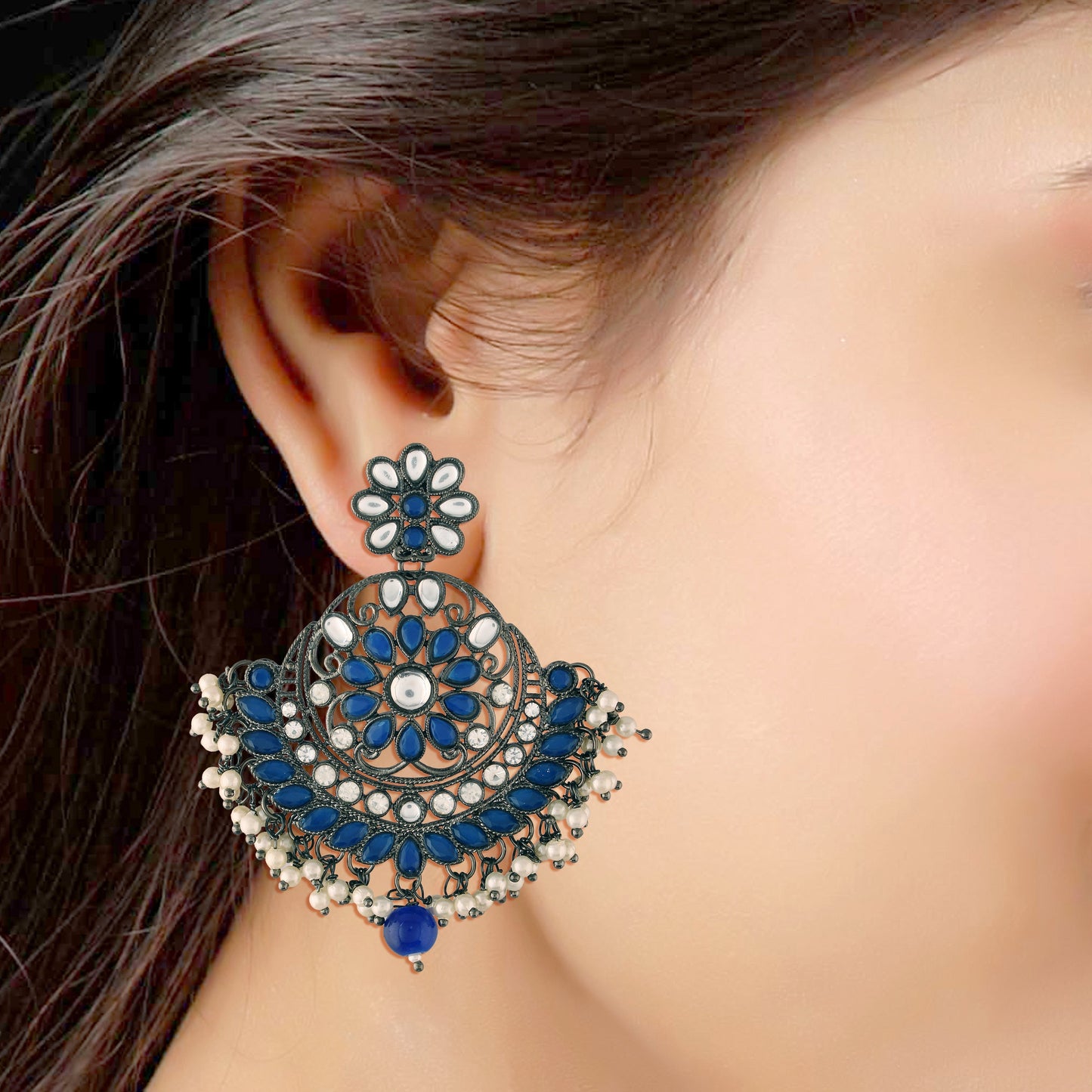 Women's I Jewels 18K Silver Oxidised Traditional Kundan & Stone Studded Chandbali Earrings (E2947Zbl)