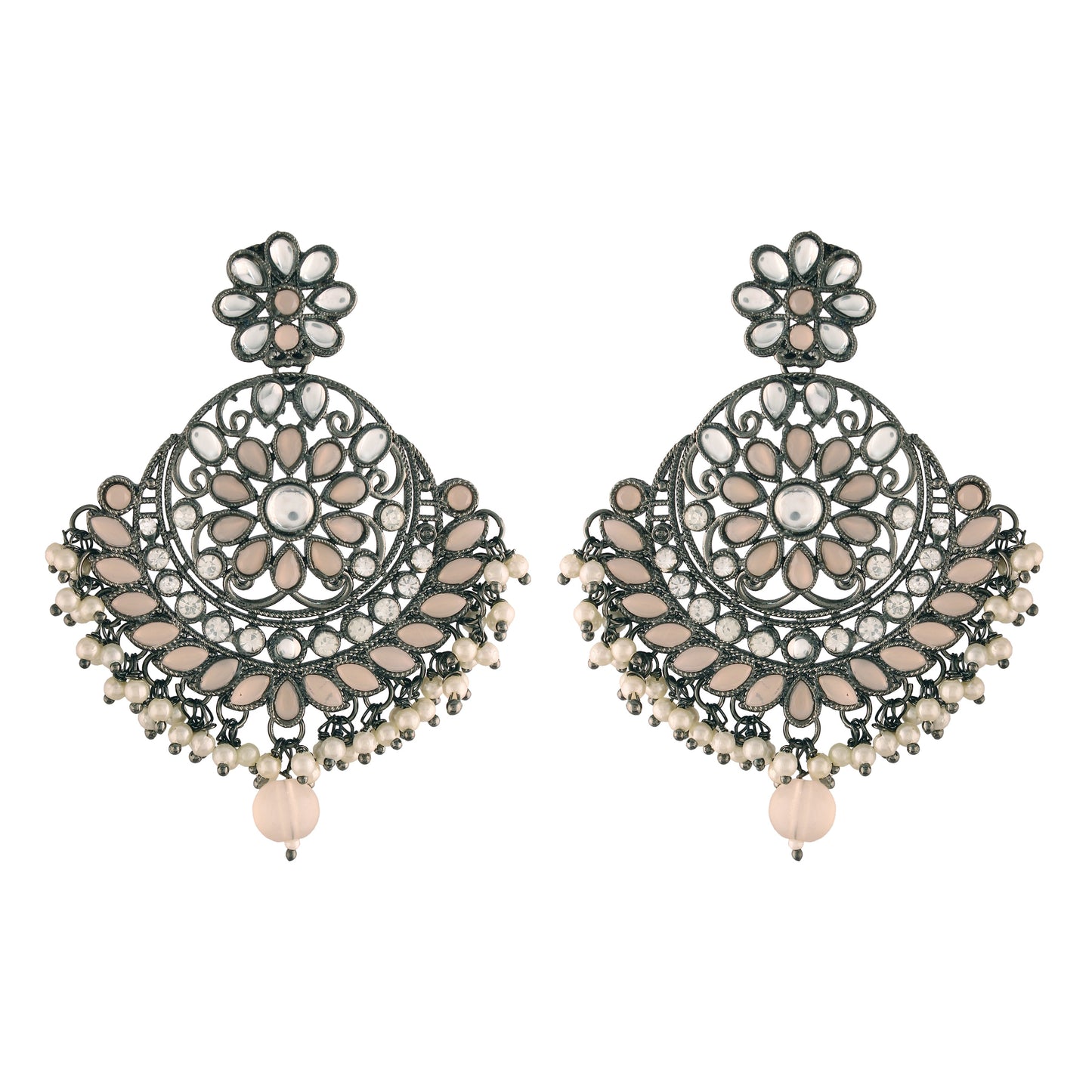 Women's I Jewels 18K Silver Oxidised Traditional Kundan & Stone Studded Chandbali Earrings (E2947Zpe)