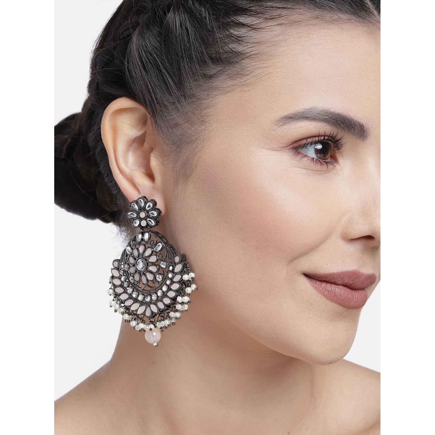 Women's I Jewels 18K Silver Oxidised Traditional Kundan & Stone Studded Chandbali Earrings (E2947Zpe)