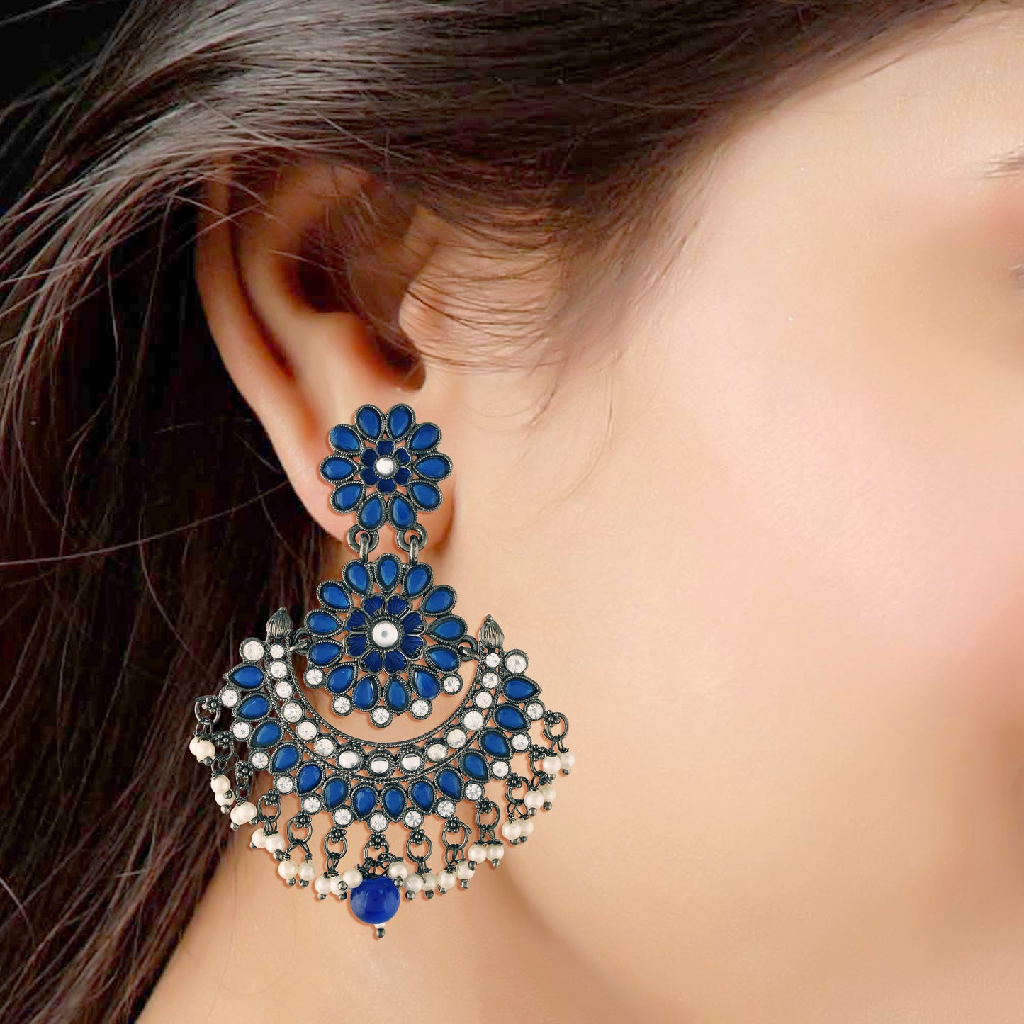 Women's I Jewels 18K Silver Oxidised Traditional Meenakari Kundan & Stone Studded Chandbali Earrings (E2948Zbl)
