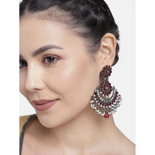Women's I Jewels 18K Silver Oxidised Traditional Meenakari Kundan & Stone Studded Chandbali Earrings (E2948Zm)
