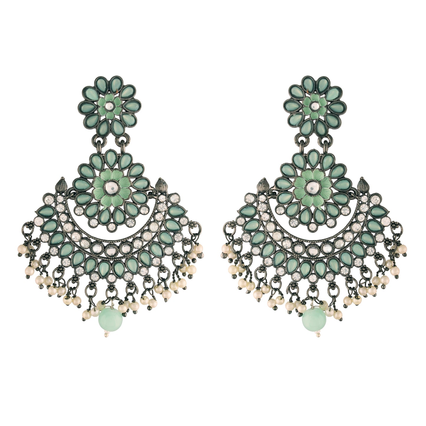 Women's I Jewels 18K Silver Oxidised Traditional Meenakari Kundan & Stone Studded Chandbali Earrings (E2948Zmin)
