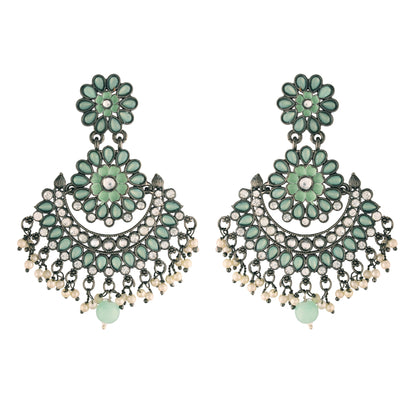 Women's I Jewels 18K Silver Oxidised Traditional Meenakari Kundan & Stone Studded Chandbali Earrings (E2948Zmin)