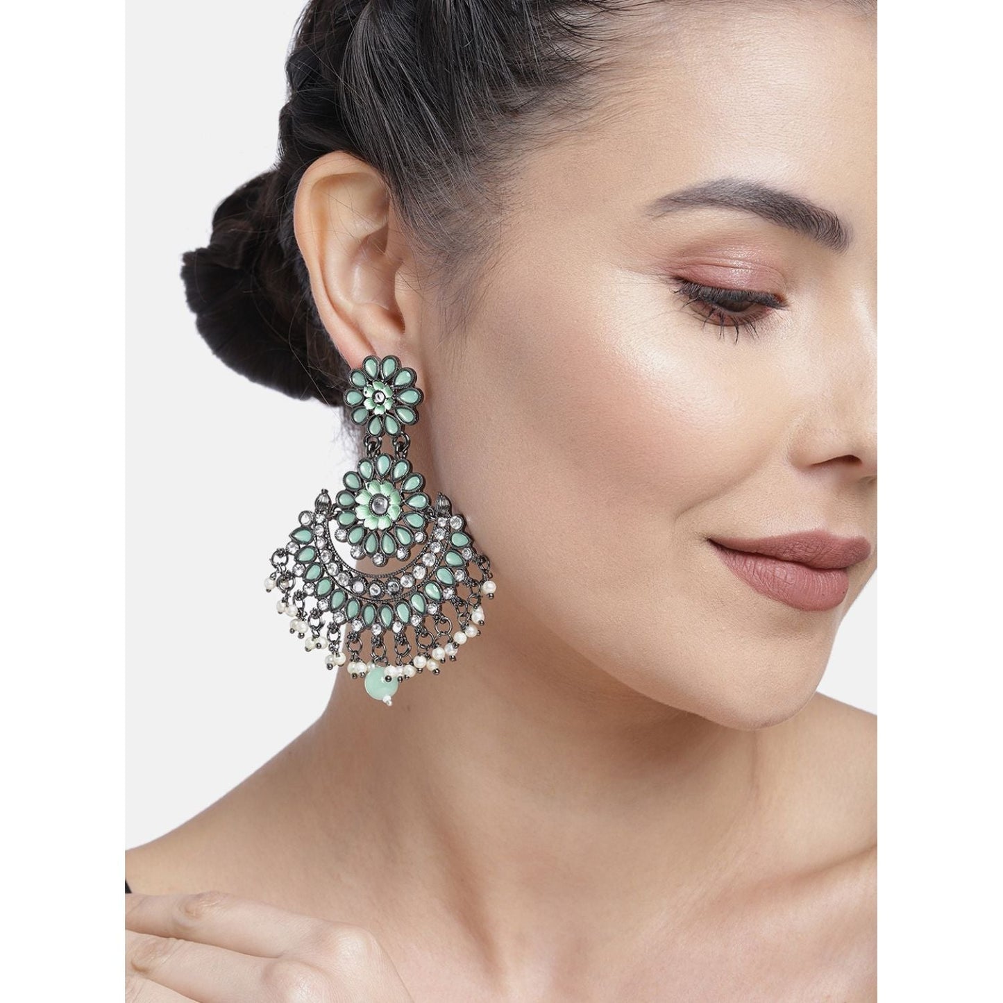Women's I Jewels 18K Silver Oxidised Traditional Meenakari Kundan & Stone Studded Chandbali Earrings (E2948Zmin)