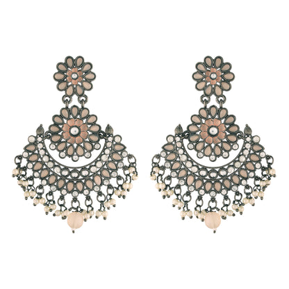 Women's I Jewels 18K Silver Oxidised Traditional Meenakari Kundan & Stone Studded Chandbali Earrings (E2948Zpe)