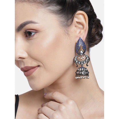 Women's I Jewels 18K Silver Oxidised Traditional Meenakari Kundan & Stone Studded Jhumka Earrings (E2949Zbl)