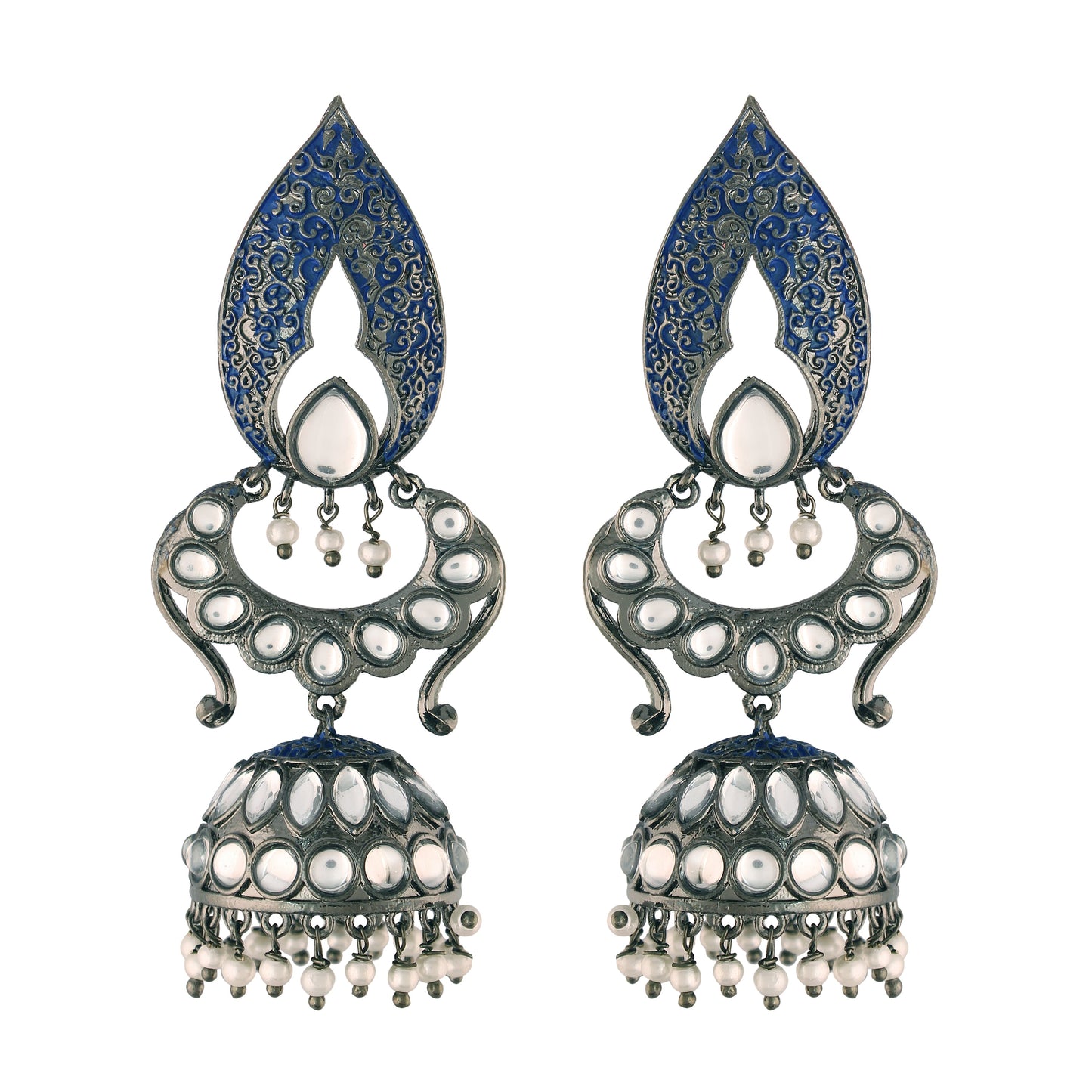 Women's I Jewels 18K Silver Oxidised Traditional Meenakari Kundan & Stone Studded Jhumka Earrings (E2949Zbl)
