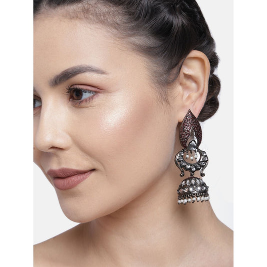 Women's I Jewels 18K Silver Oxidised Traditional Meenakari Kundan & Stone Studded Jhumka Earrings (E2949Zm)